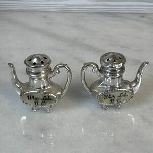 Vtg Silver Metal Salt And Pepper Shakers, White Lake N.C. Souvenir Japan